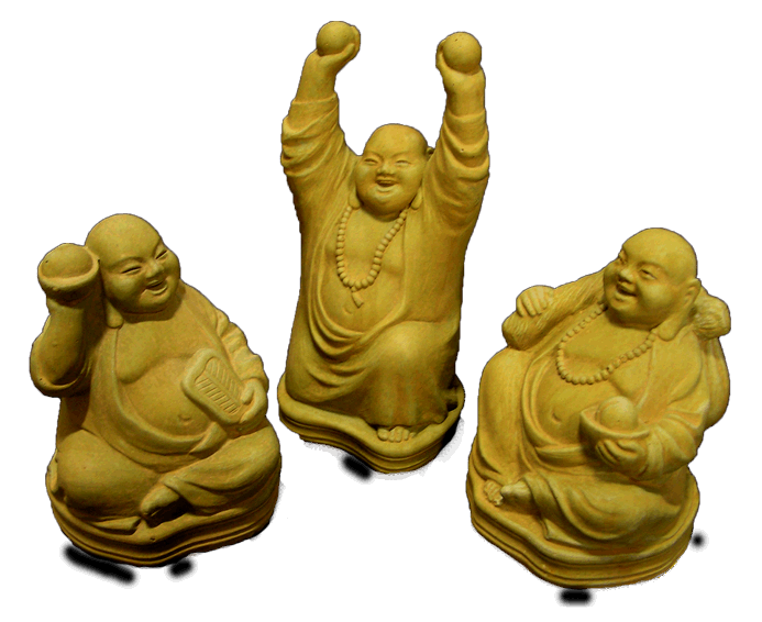 Happy Fat Little Lucky Buddha of Wealth, Good Fortune and Joy outdoor statue set for sale