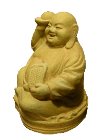 Little Happy Buddha of Joy and Abundance with fan and gold outdoor statue for sale
