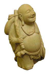 Fat Happy Traveling Buddha with hat and bag outdoor statue for sale